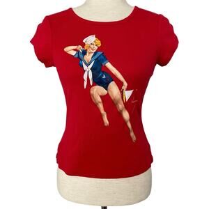 LIGHT FLAWS Retro Sailor Pinup Girl Graphic Short Sleeve T Shirt Red Size Medium